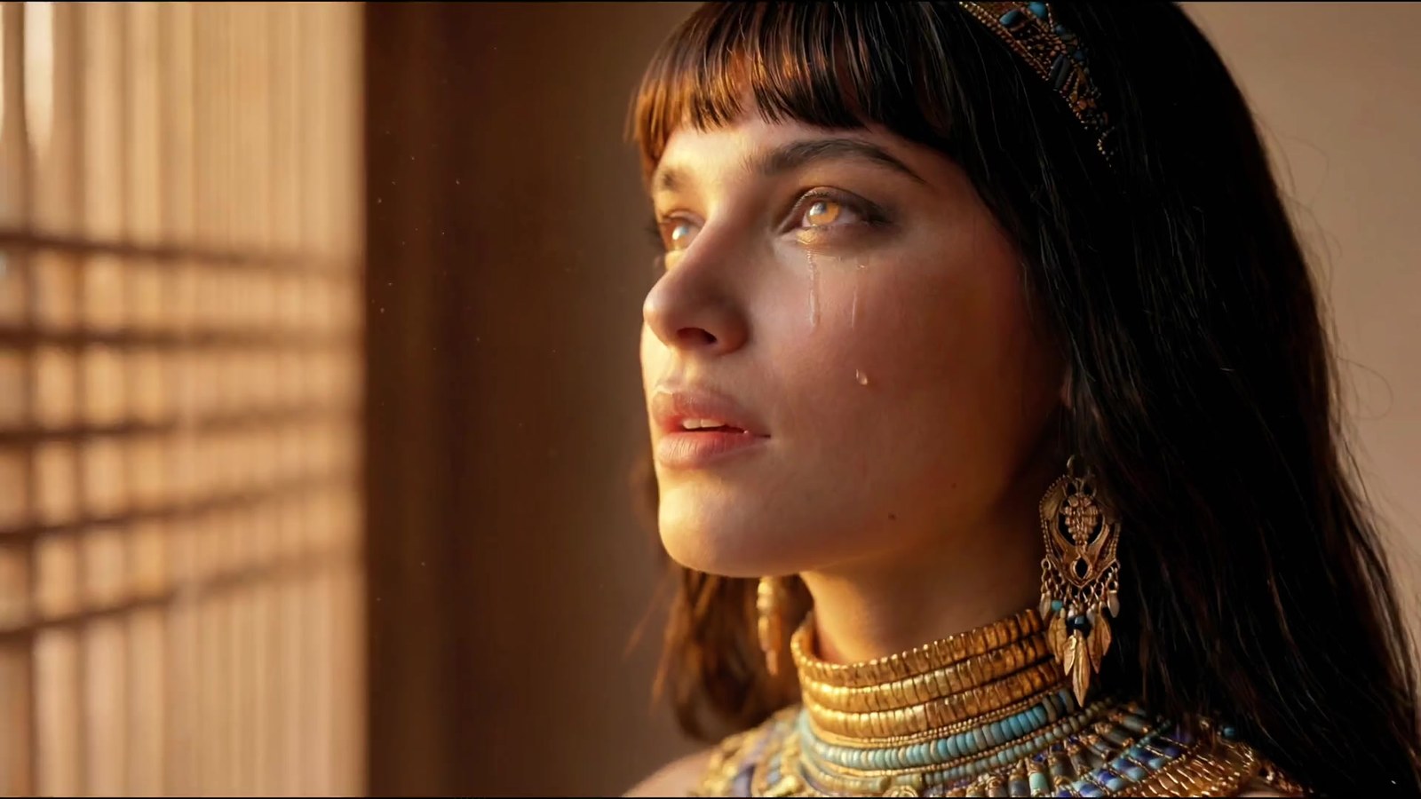 Cleopatra in profile, a tear on her cheek, gold collar and earrings catching warm window light.