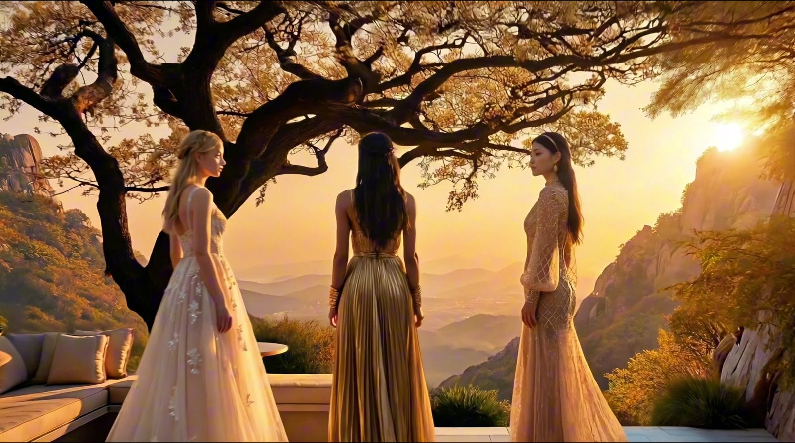 Three women in gold and ivory gowns stand under a pine tree on a Korean mountainside at sunset.