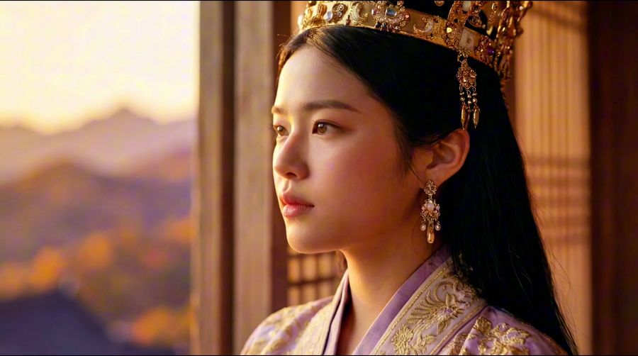 Queen Seondeok in a golden Silla crown and lilac hanbok, looking out at sunset.