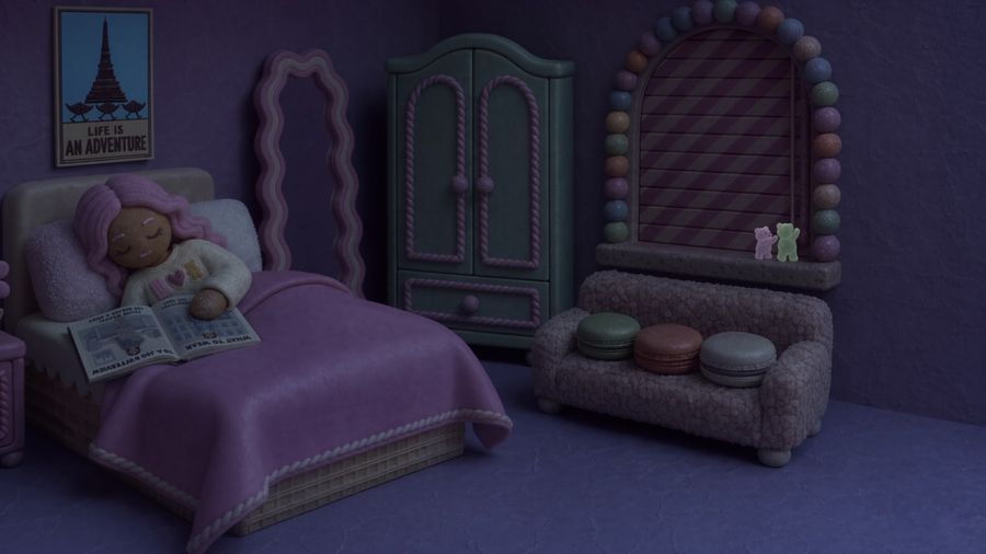 A gingerbread girl reads in a pastel candy bedroom at night.