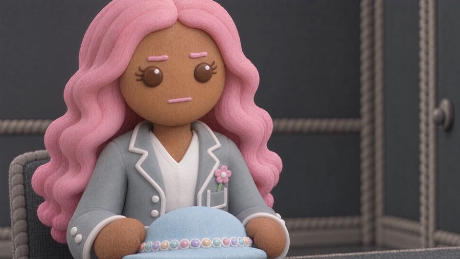 The gingerbread girl sits at a grey office desk, holding her pastel hat.