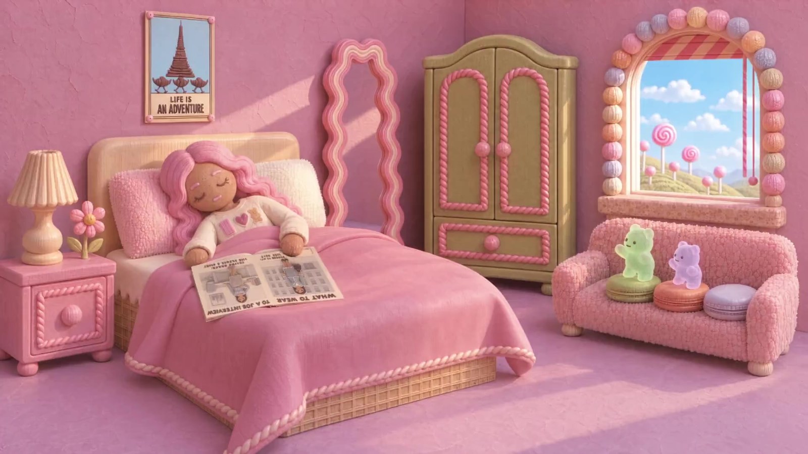 Ginger, a gingerbread girl with pink hair, asleep in her pastel-pink candy bedroom, two gummy bears on the sofa by the window.